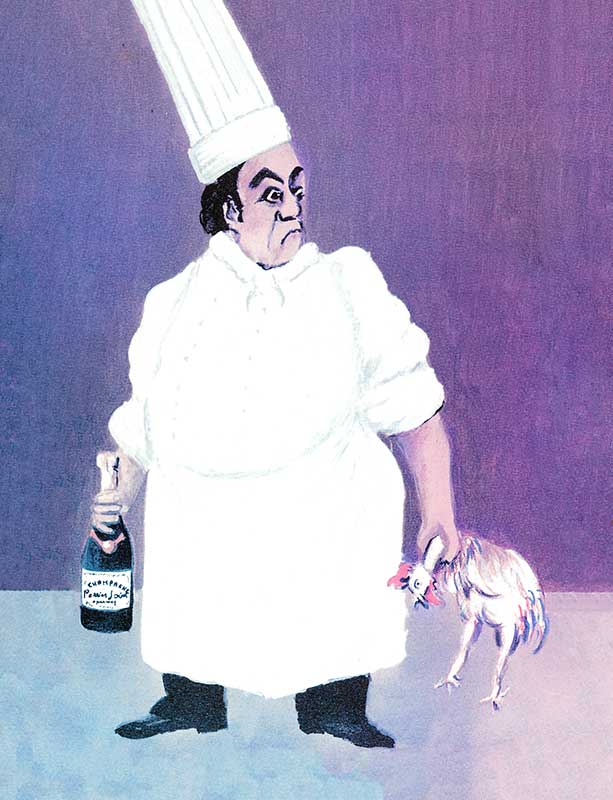 Koch mit einer Flasche in der einen und einem Huhn in der anderen Hand.